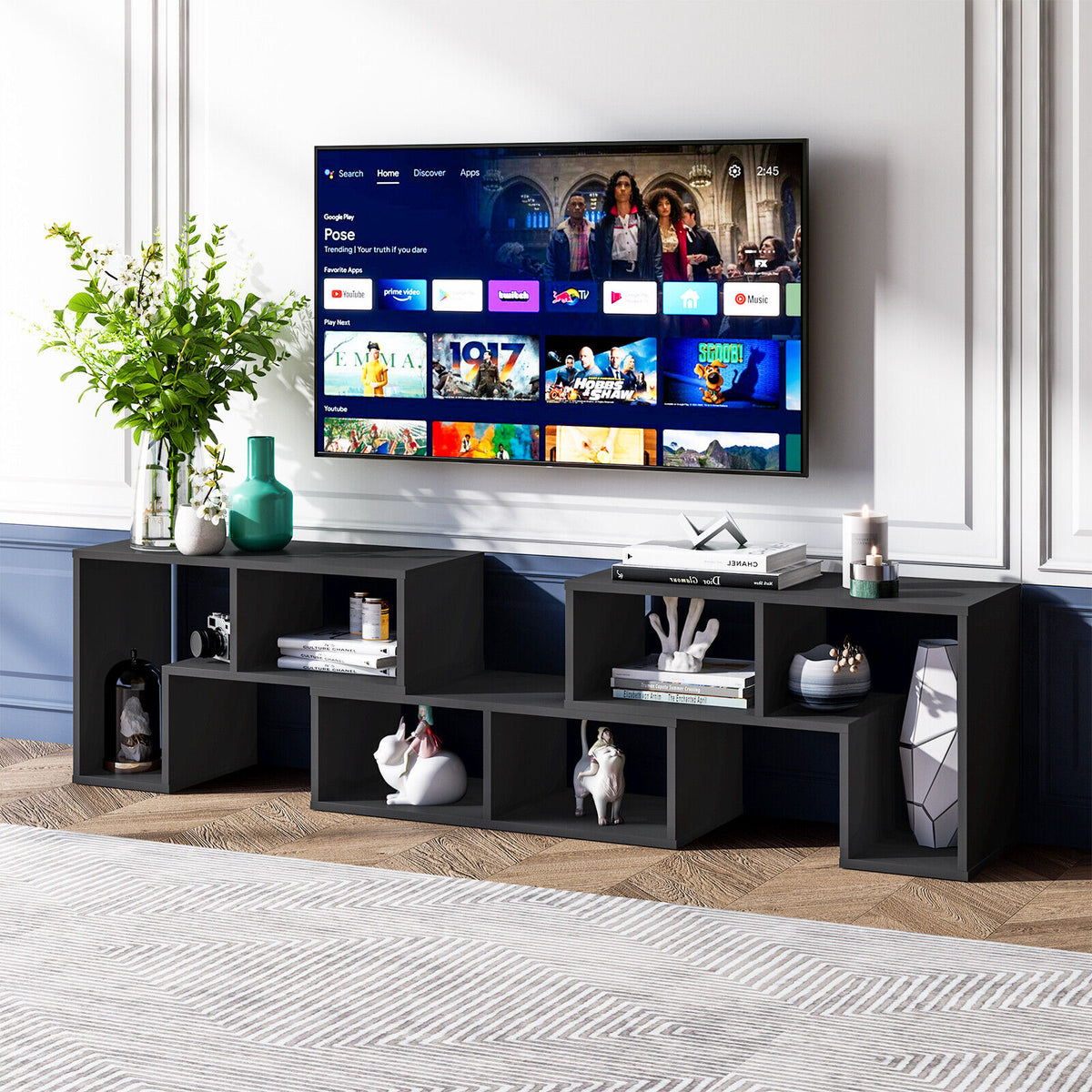 Adjustable TV Stand for 65 Inch TVs with Shelves - Black