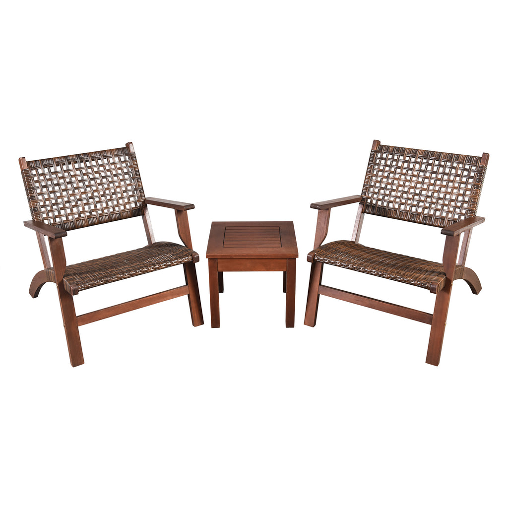 3-Piece Outdoor Patio Bistro Set - Wooden & Rattan