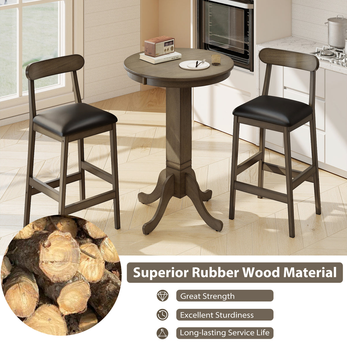 3-Piece Wood Pub Table Set with 2 Stools