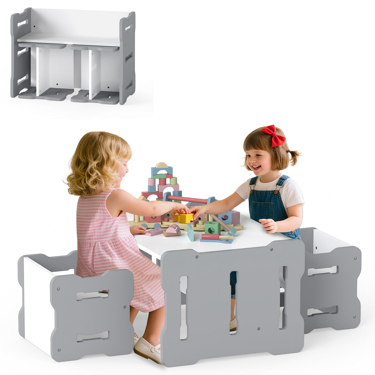 Kids Activity Table Set with 2 Stools - Gray, Toddler Play & Study Furniture