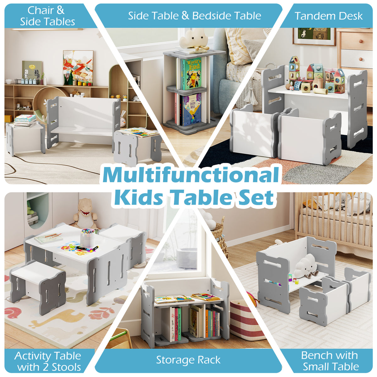 Kids Activity Table Set with 2 Stools - Gray, Toddler Play & Study Furniture