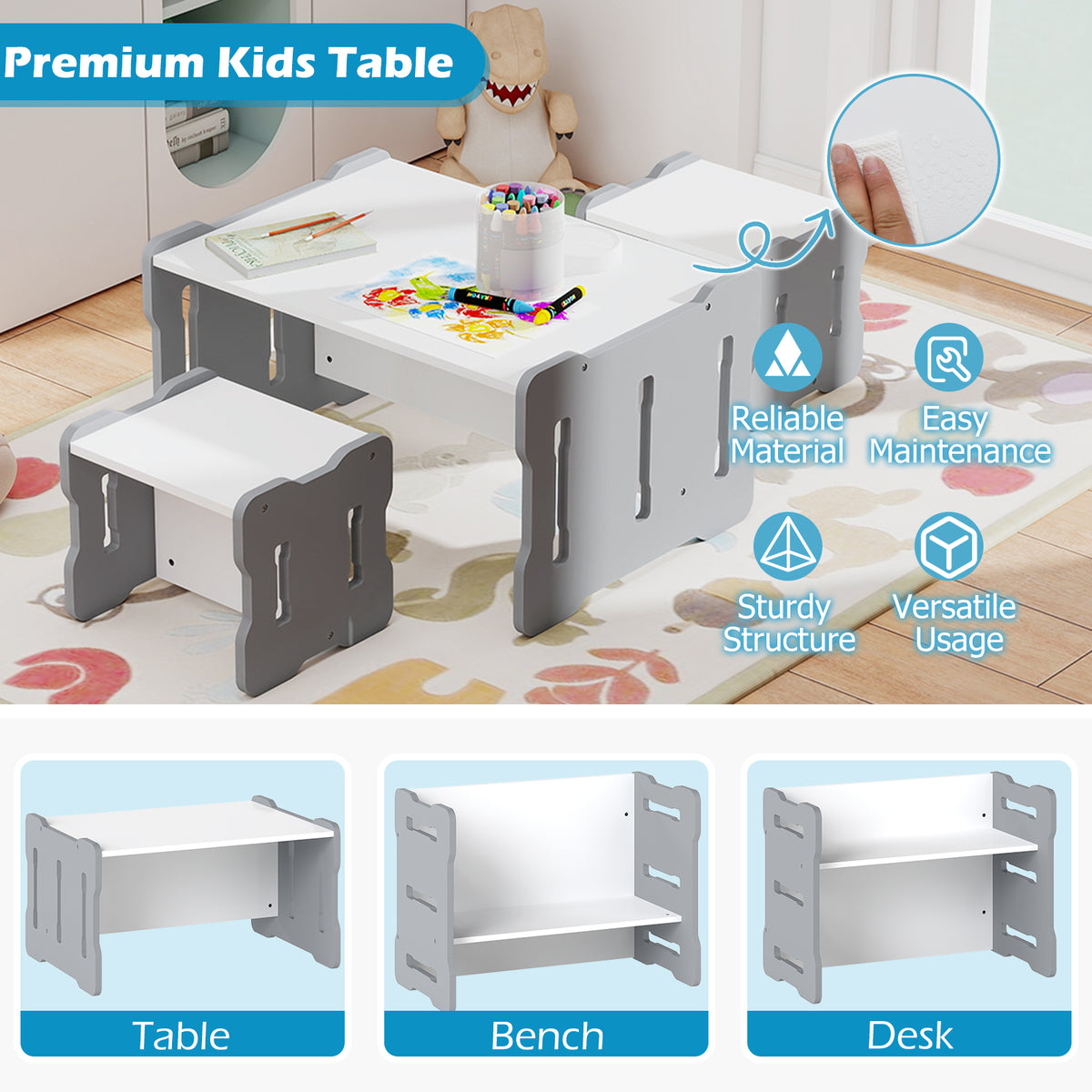 Kids Activity Table Set with 2 Stools - Gray, Toddler Play & Study Furniture