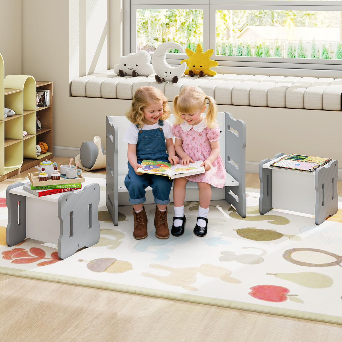 Kids Activity Table Set with 2 Stools - Gray, Toddler Play & Study Furniture