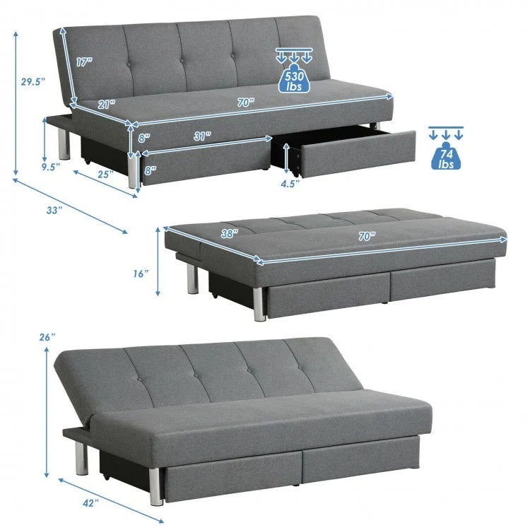 3-Seat Convertible Sofa Bed with Storage Drawers