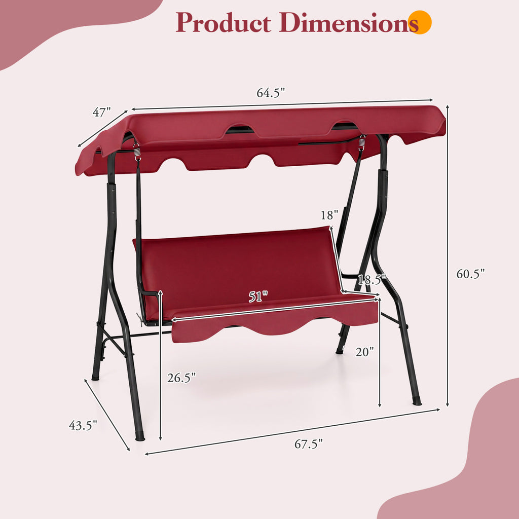 3-Seat Outdoor Patio Swing with Canopy - 51" Red