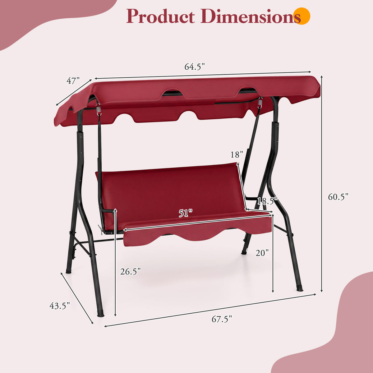 3-Seat Outdoor Patio Swing with Canopy - 51" Red