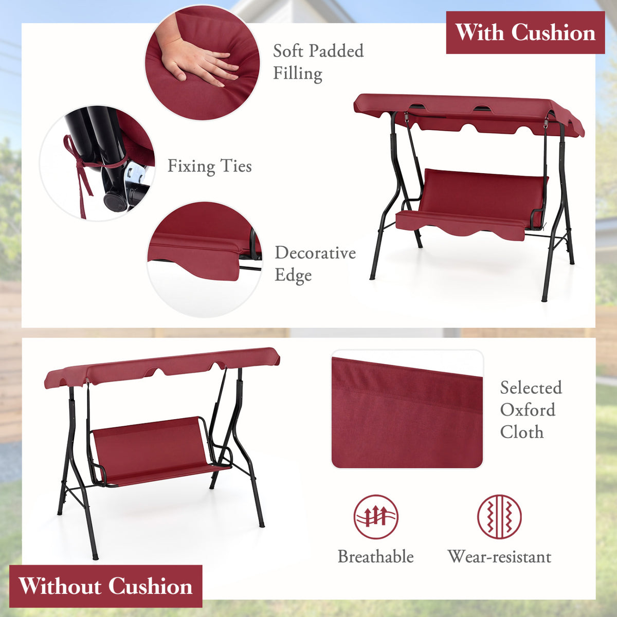 3-Seat Outdoor Patio Swing with Canopy - 51" Red