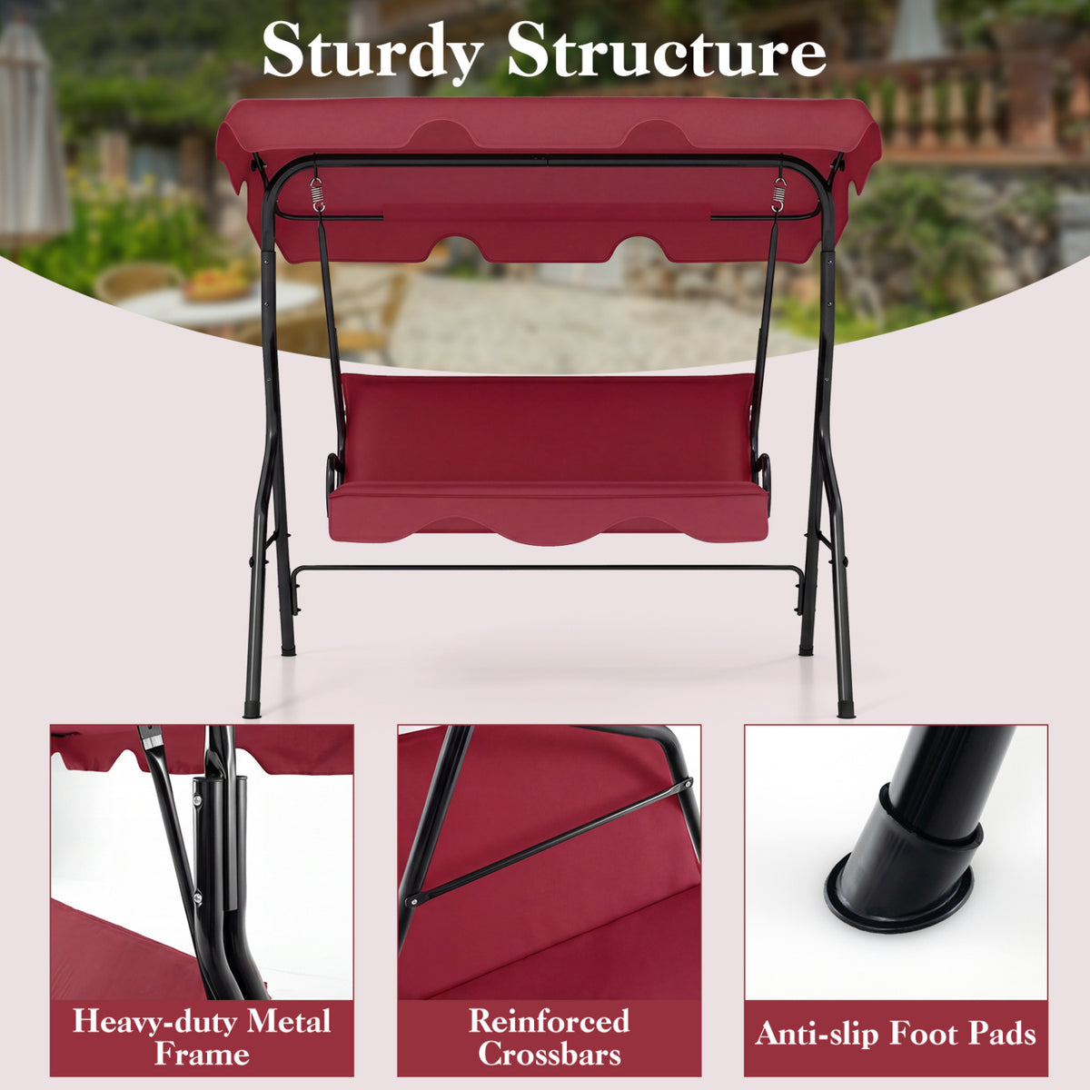 3-Seat Outdoor Patio Swing with Canopy - 51" Red