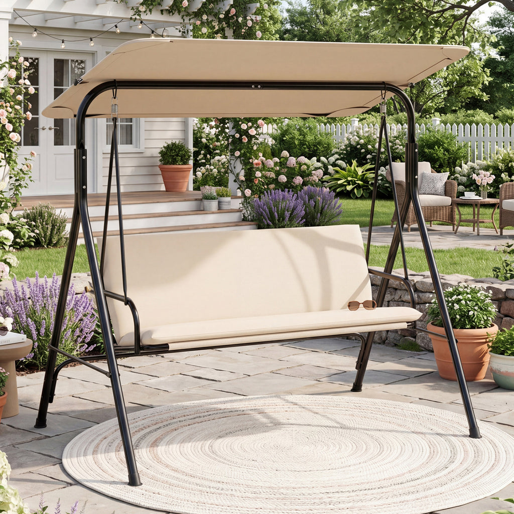 3-Seat Outdoor Patio Swing Chair with Adjustable Tilt Canopy and Stand