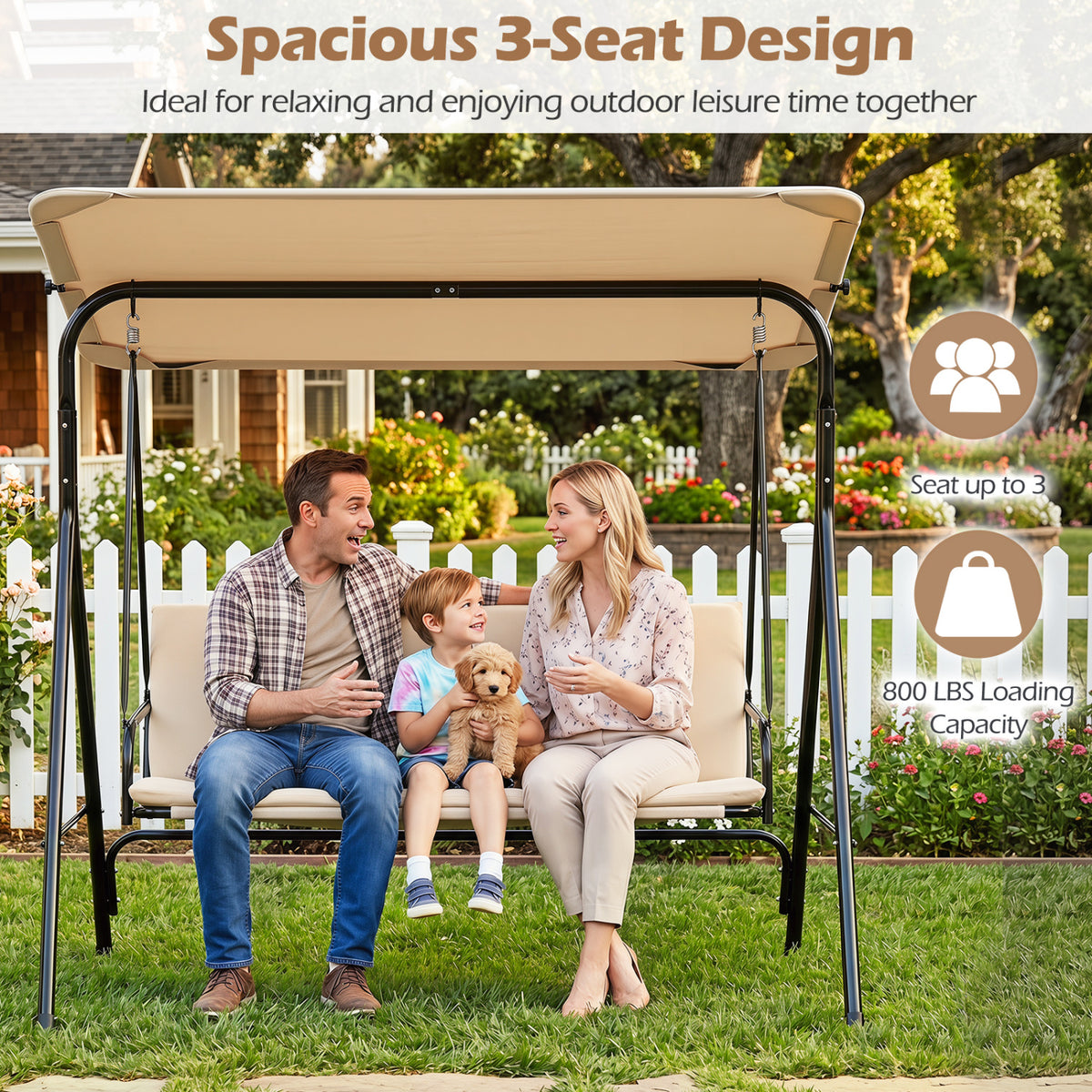 3-Seat Outdoor Patio Swing Chair with Adjustable Tilt Canopy and Stand