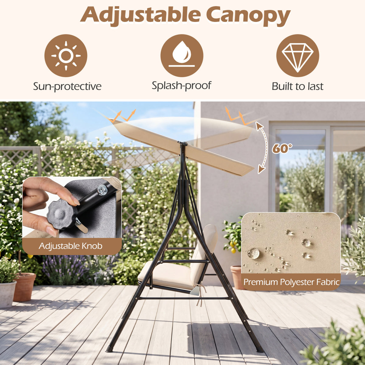 3-Seat Outdoor Patio Swing Chair with Adjustable Tilt Canopy and Stand