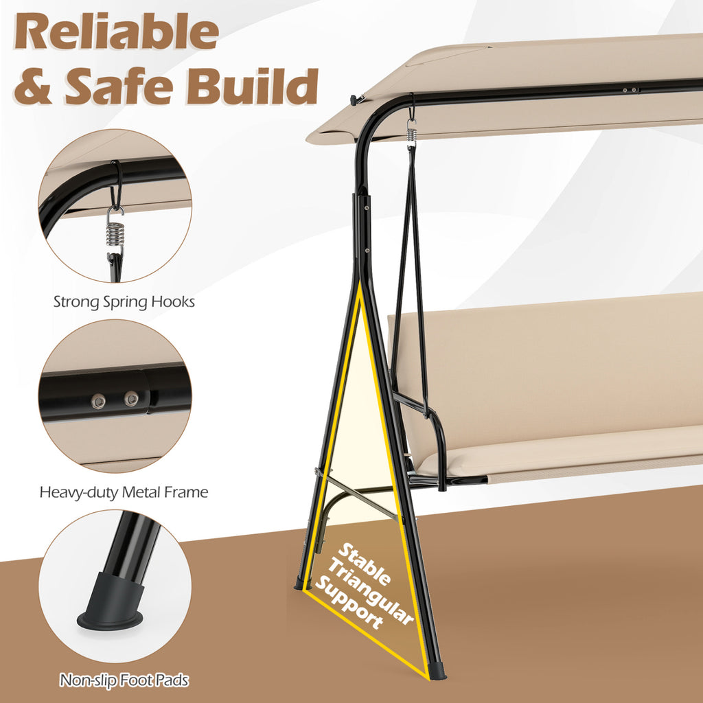 3-Seat Outdoor Patio Swing Chair with Adjustable Tilt Canopy and Stand