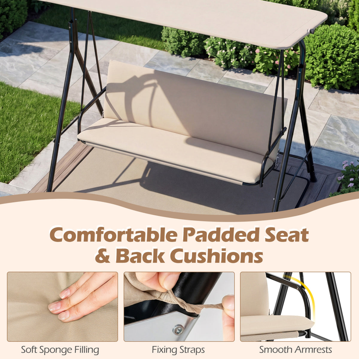 3-Seat Outdoor Patio Swing Chair with Adjustable Tilt Canopy and Stand