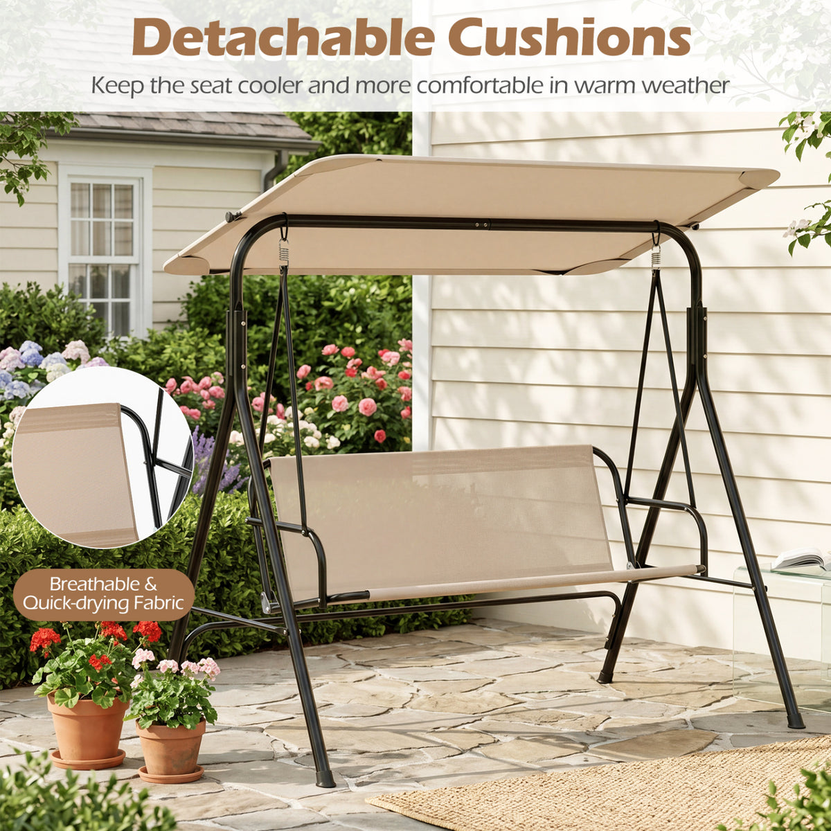 3-Seat Outdoor Patio Swing Chair with Adjustable Tilt Canopy and Stand
