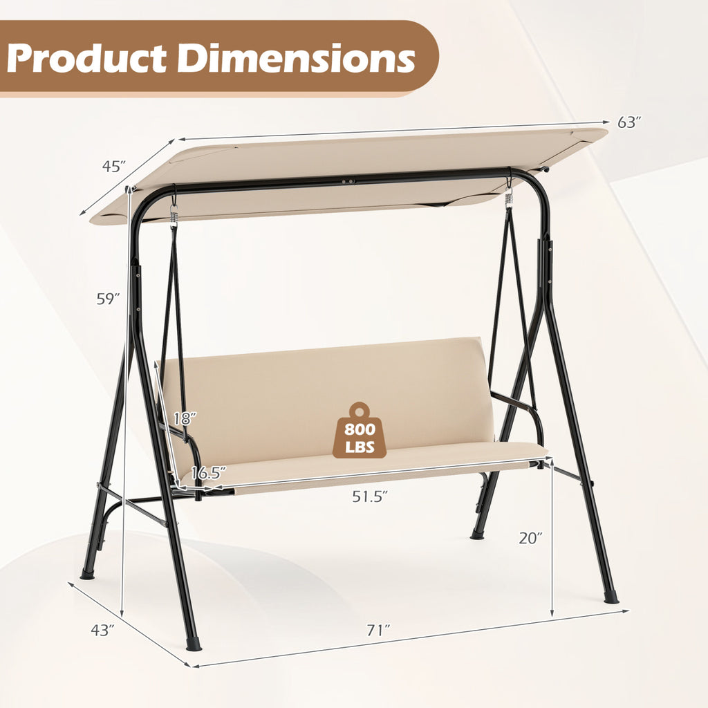 3-Seat Outdoor Patio Swing Chair with Adjustable Tilt Canopy and Stand