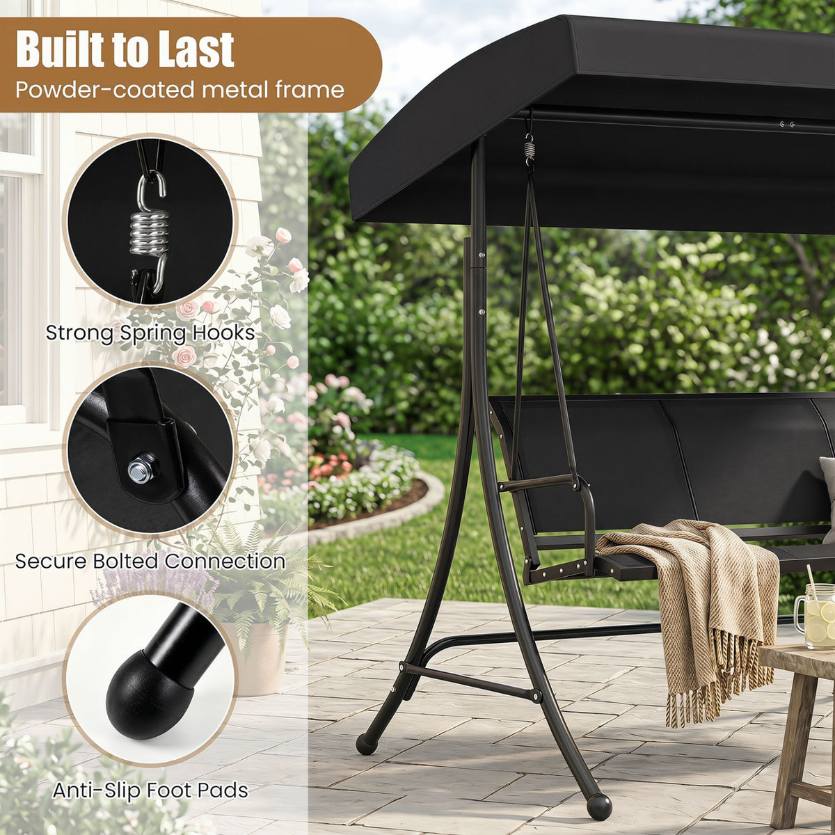 3-Seat Patio Swing Chair with Adjustable Canopy
