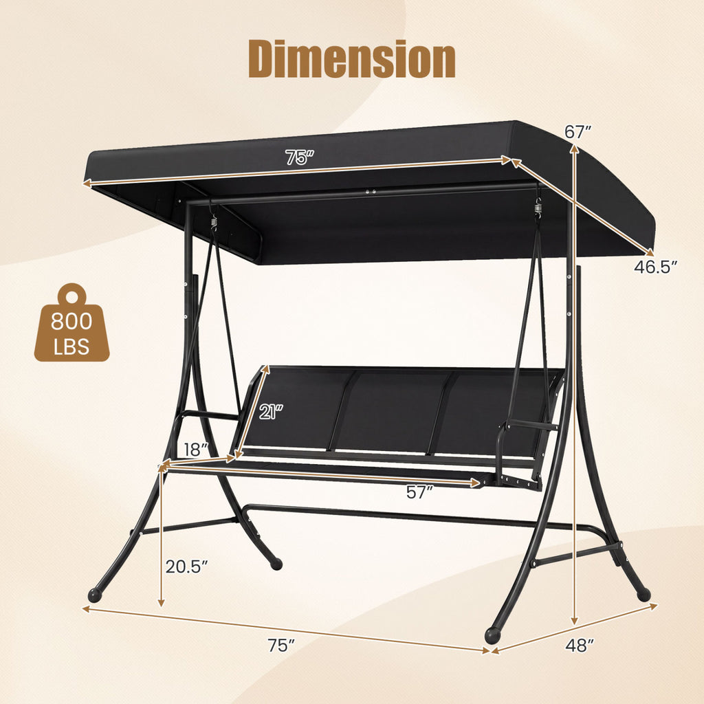 3-Seat Patio Swing Chair with Adjustable Canopy