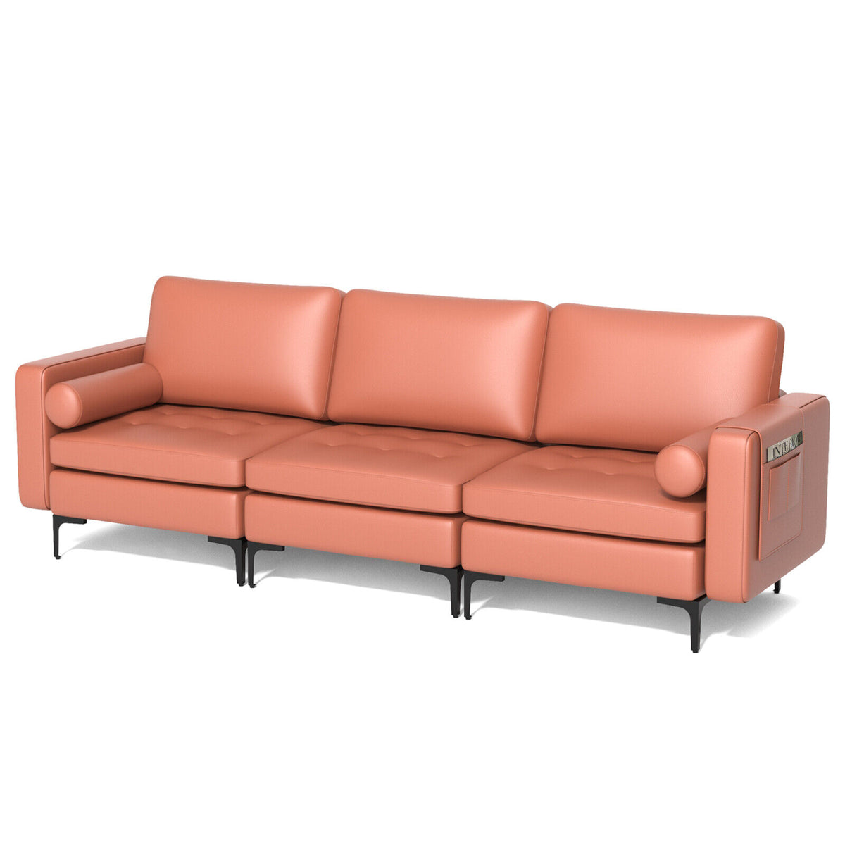 3-Seat Sofa with Storage Pocket and Metal Leg - Pink