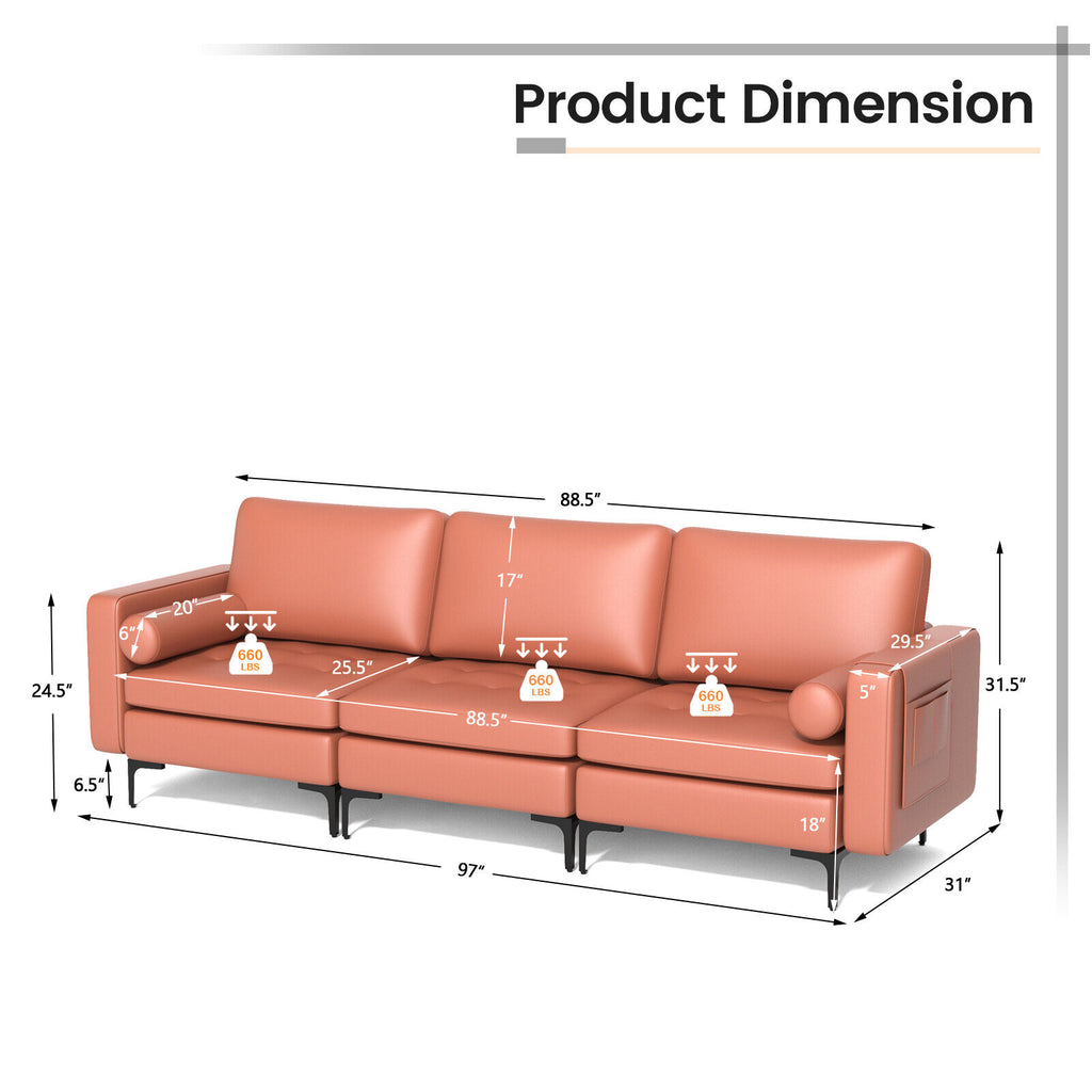 3-Seat Sofa with Storage Pocket and Metal Leg - Pink