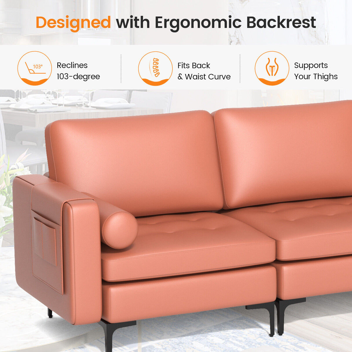 3-Seat Sofa with Storage Pocket and Metal Leg - Pink
