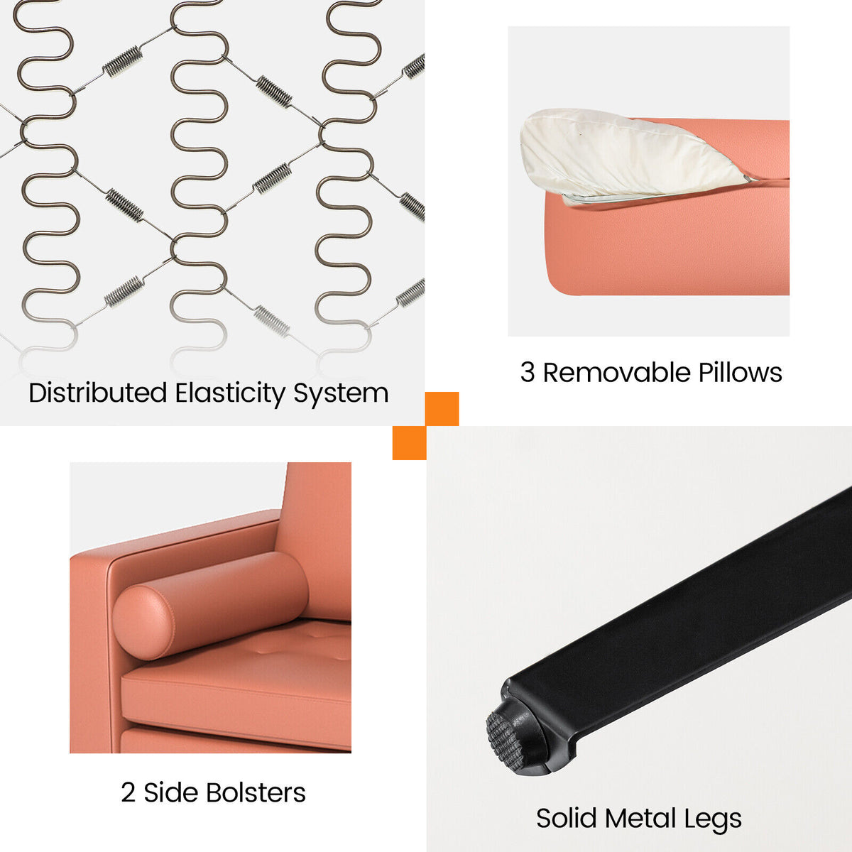 3-Seat Sofa with Storage Pocket and Metal Leg - Pink