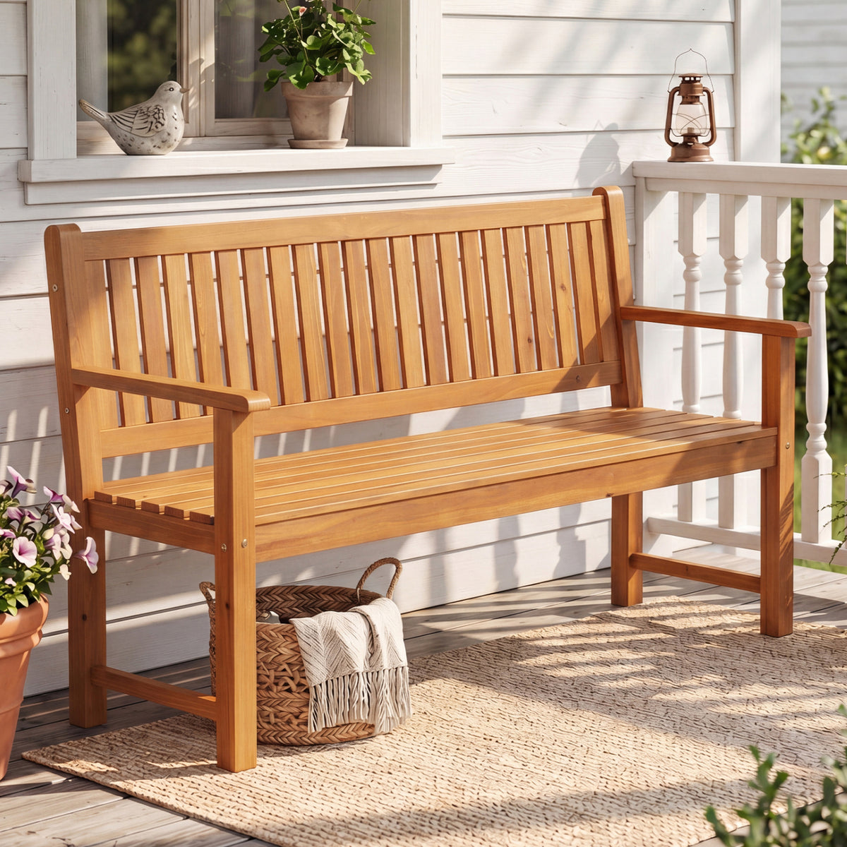 3-Seater Outdoor Wooden Bench 59 inch Large Garden with Backrest