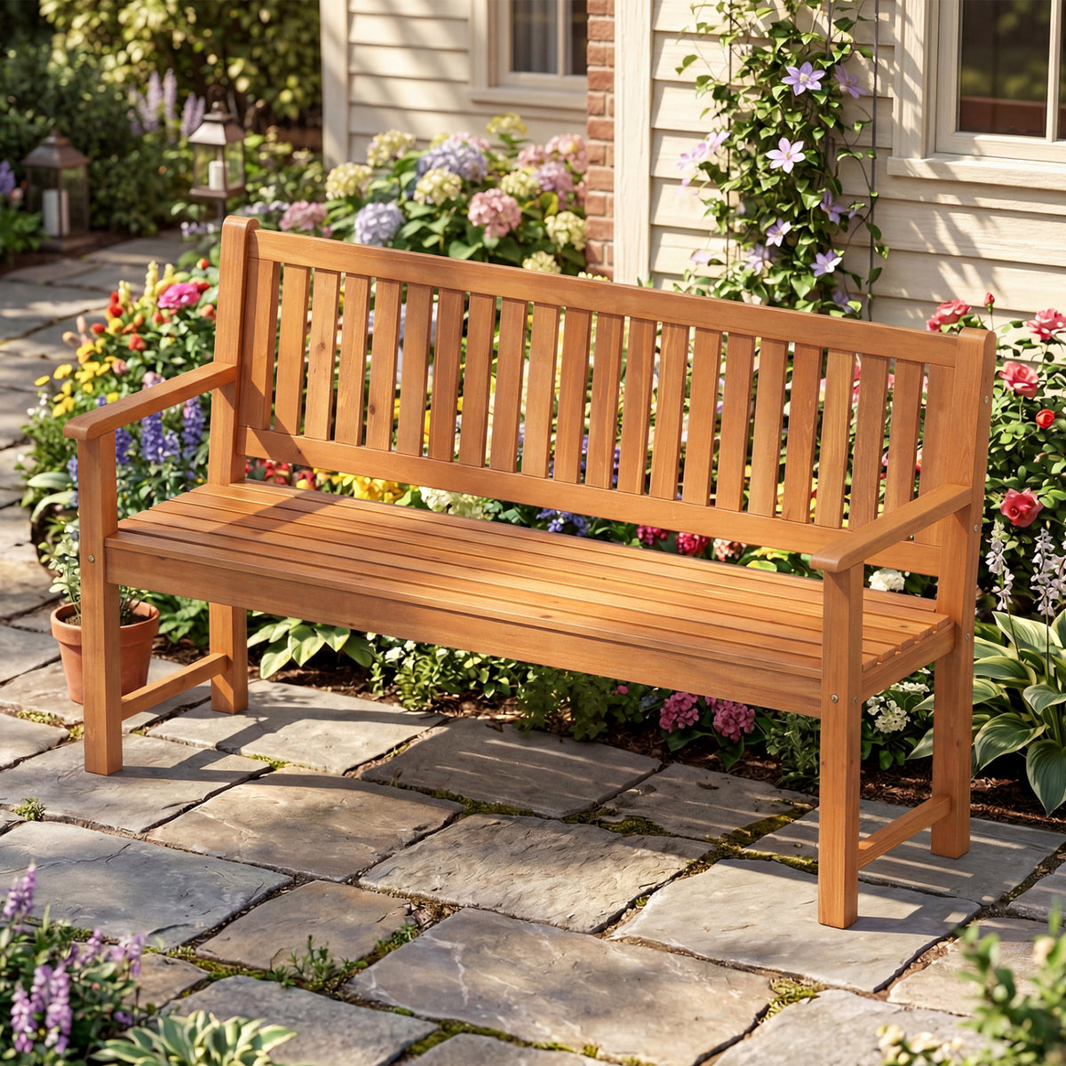 3-Seater Outdoor Wooden Bench 59 inch Large Garden with Backrest