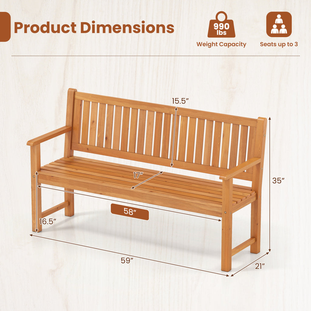 3-Seater Outdoor Wooden Bench 59 inch Large Garden with Backrest
