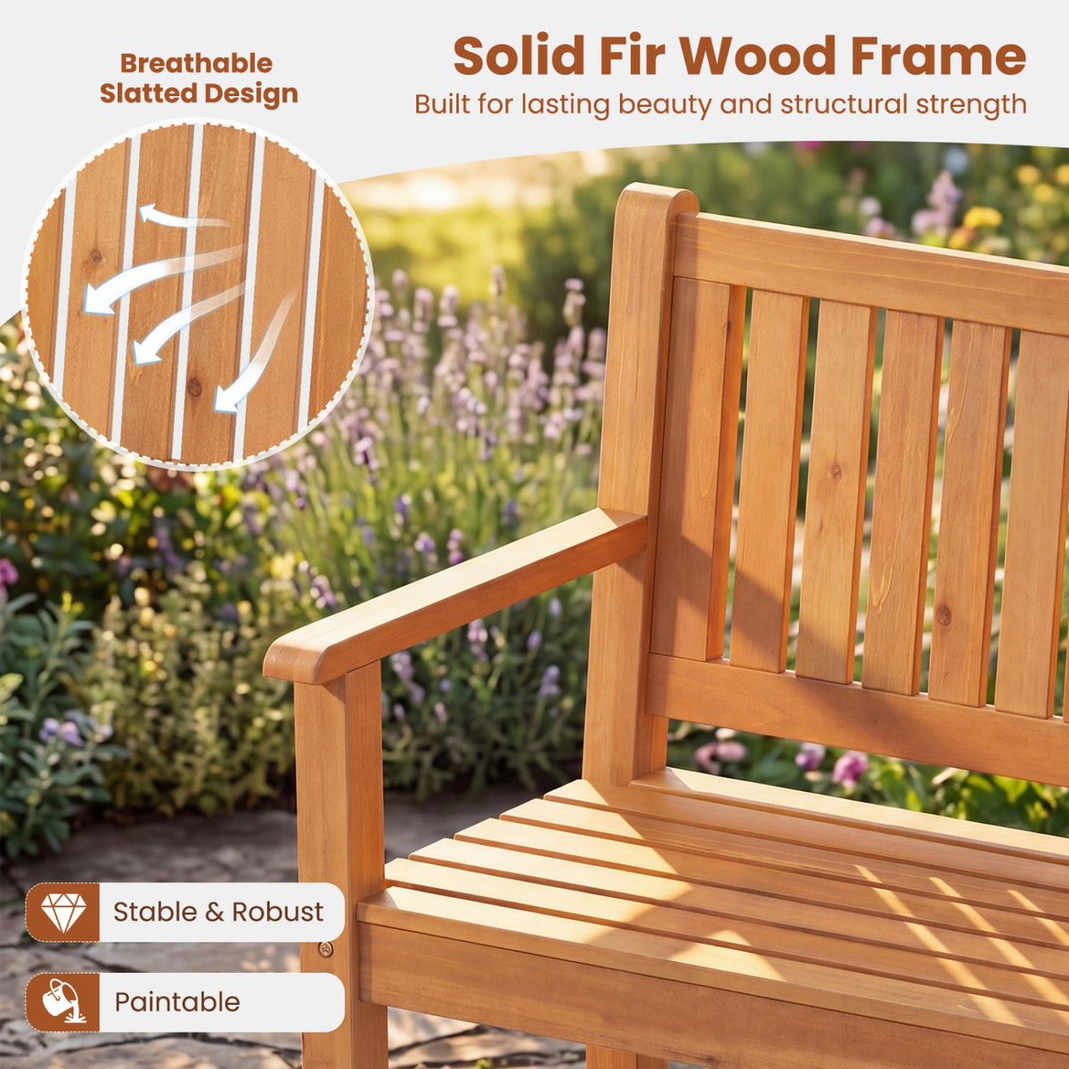 3-Seater Outdoor Wooden Bench 59 inch Large Garden with Backrest