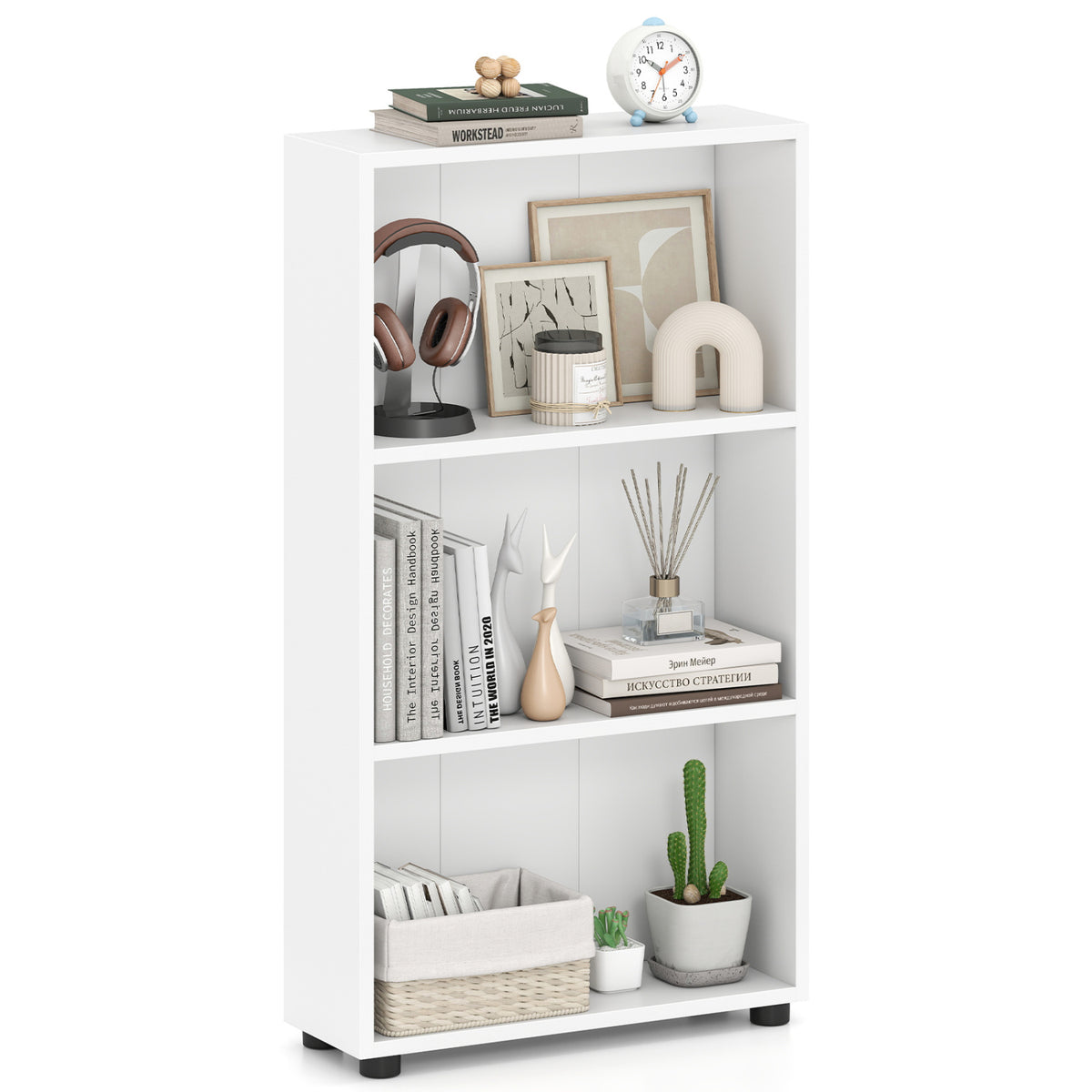 3-Tier Bookcase 42 Inch Tall Shelf with Anti-Tipping Kit - White