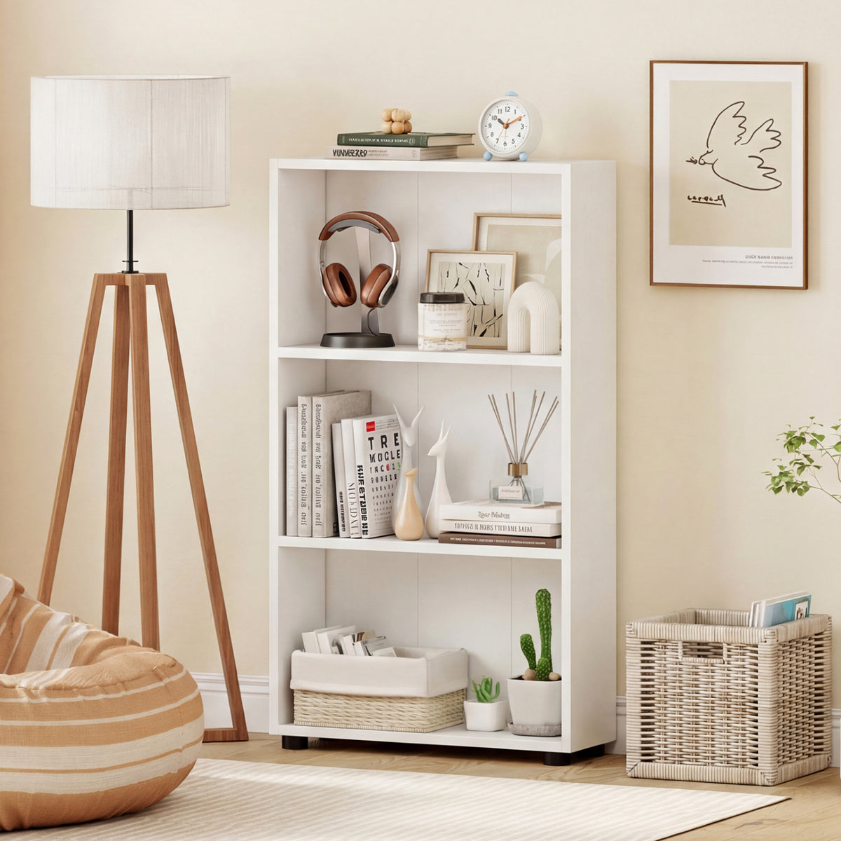 3-Tier Bookcase 42 Inch Tall Shelf with Anti-Tipping Kit - White