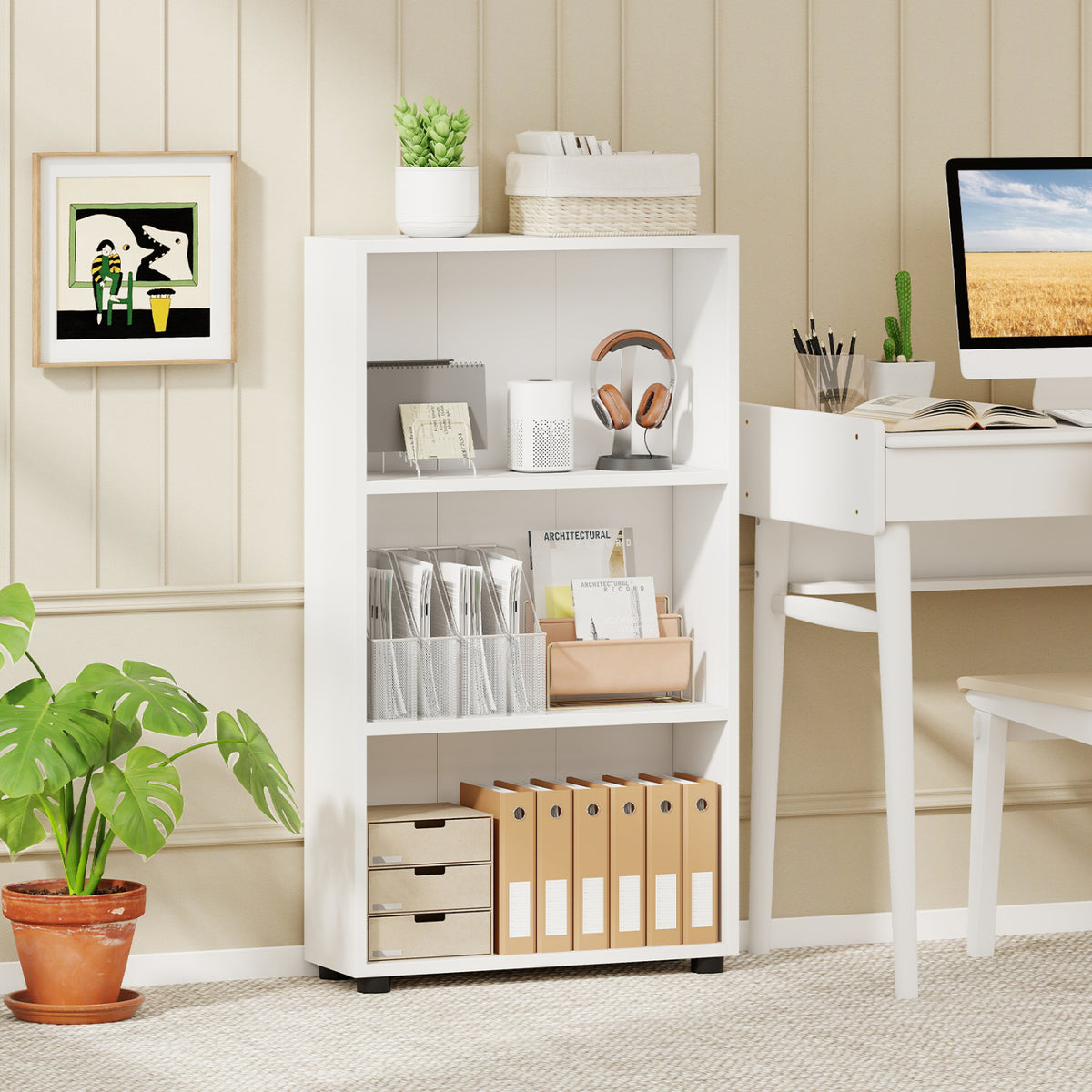 3-Tier Bookcase 42 Inch Tall Shelf with Anti-Tipping Kit - White