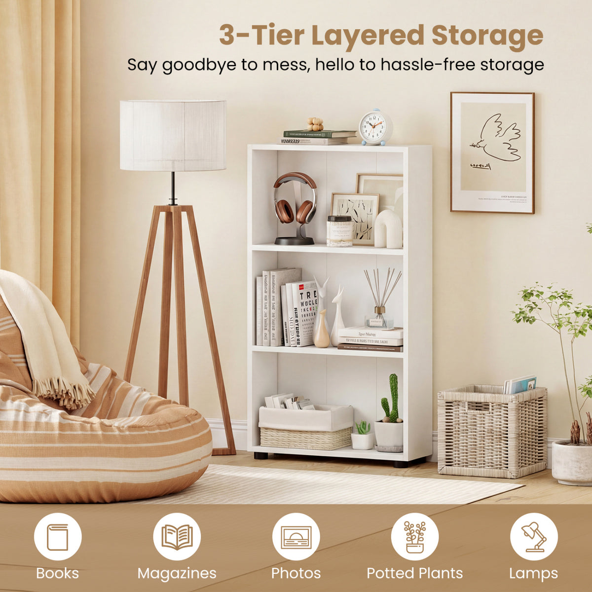 3-Tier Bookcase 42 Inch Tall Shelf with Anti-Tipping Kit - White
