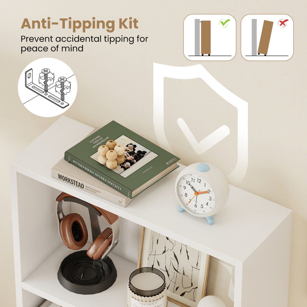 3-Tier Bookcase 42 Inch Tall Shelf with Anti-Tipping Kit - White