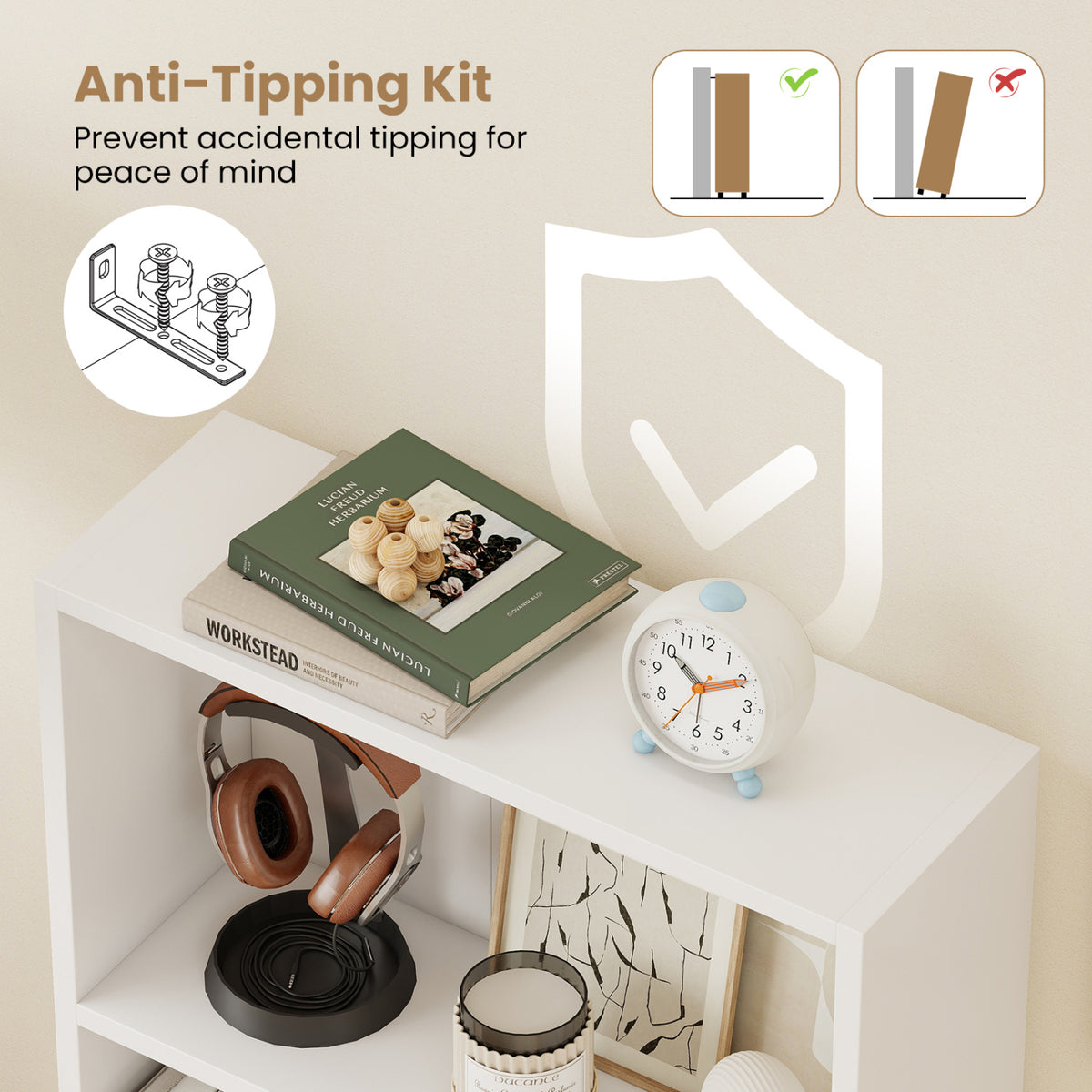 3-Tier Bookcase 42 Inch Tall Shelf with Anti-Tipping Kit - White