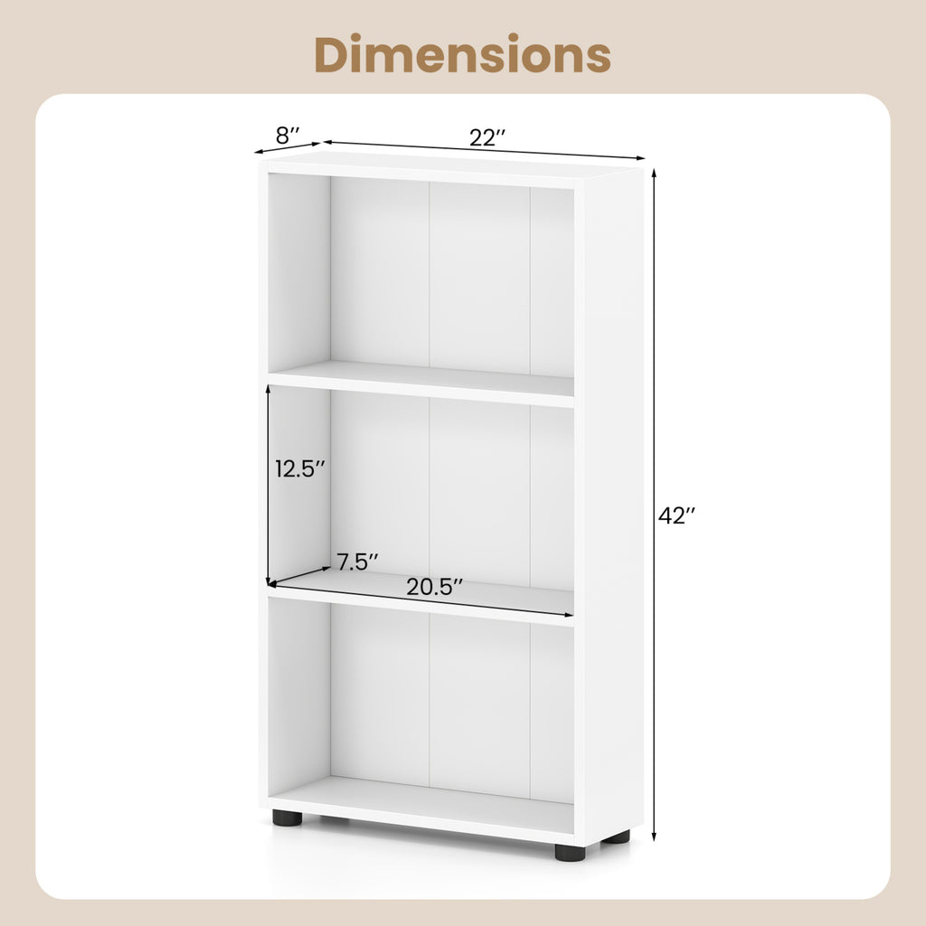 3-Tier Bookcase 42 Inch Tall Shelf with Anti-Tipping Kit - White