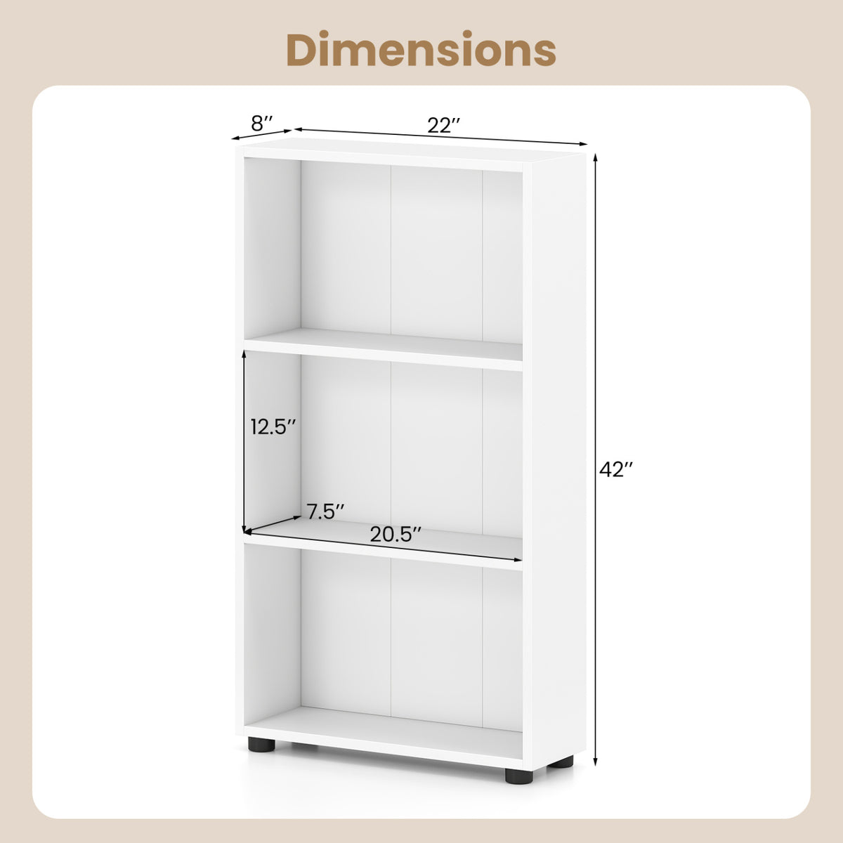 3-Tier Bookcase 42 Inch Tall Shelf with Anti-Tipping Kit - White