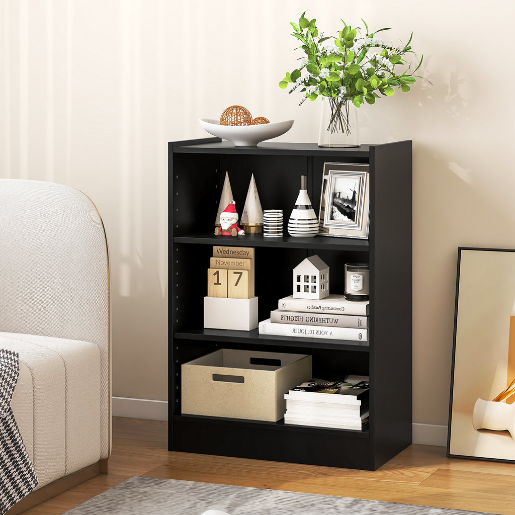 3-Tier Bookcase with Adjustable Shelves - Black