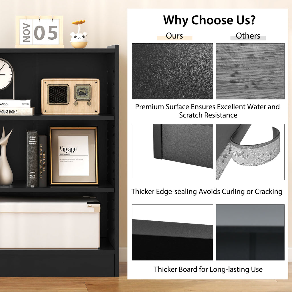 3-Tier Bookcase with Adjustable Shelves - Black