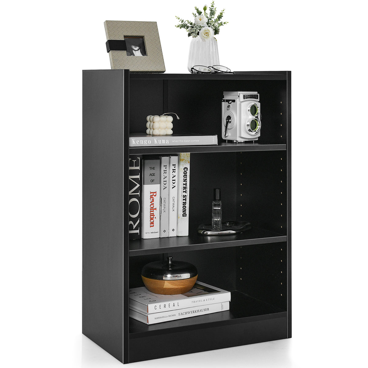 3-Tier Bookcase with Adjustable Shelves - Black