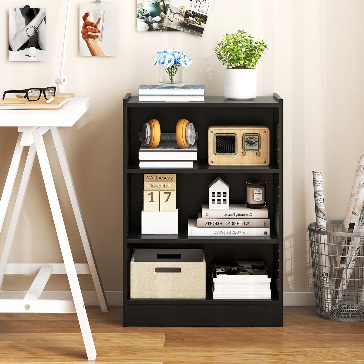3-Tier Bookcase with Adjustable Shelves - Black