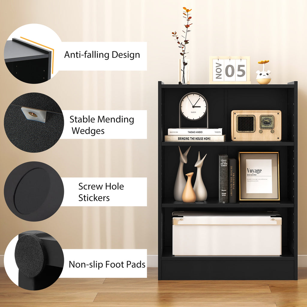 3-Tier Bookcase with Adjustable Shelves - Black