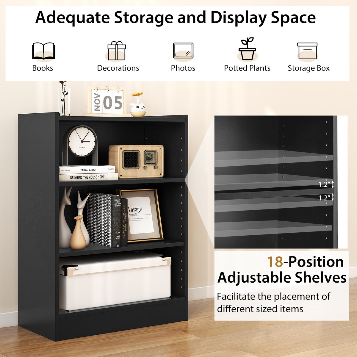 3-Tier Bookcase with Adjustable Shelves - Black