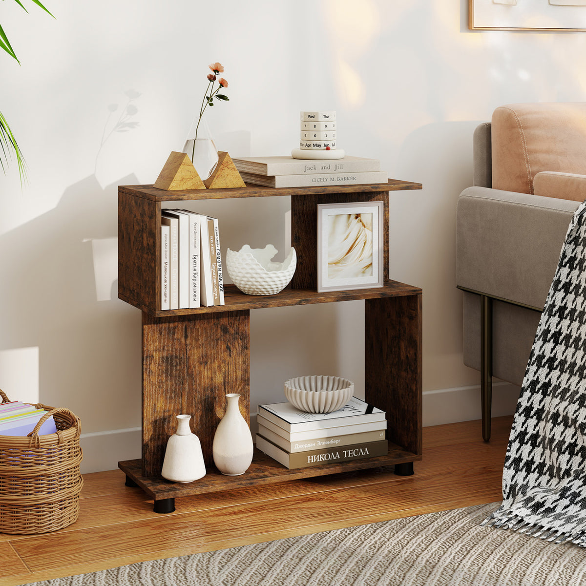 3-Tier S-Shaped Bookshelf with Adjustable Feet - White
