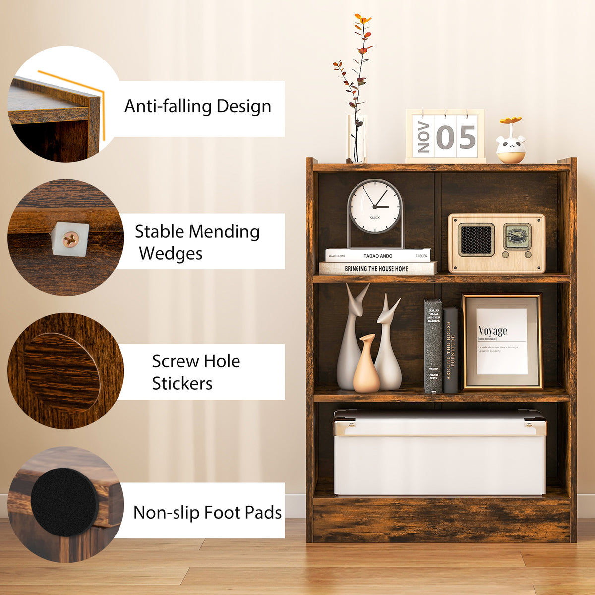 3-Tier Bookcase Open Display Rack Cabinet with Adjustable Shelves