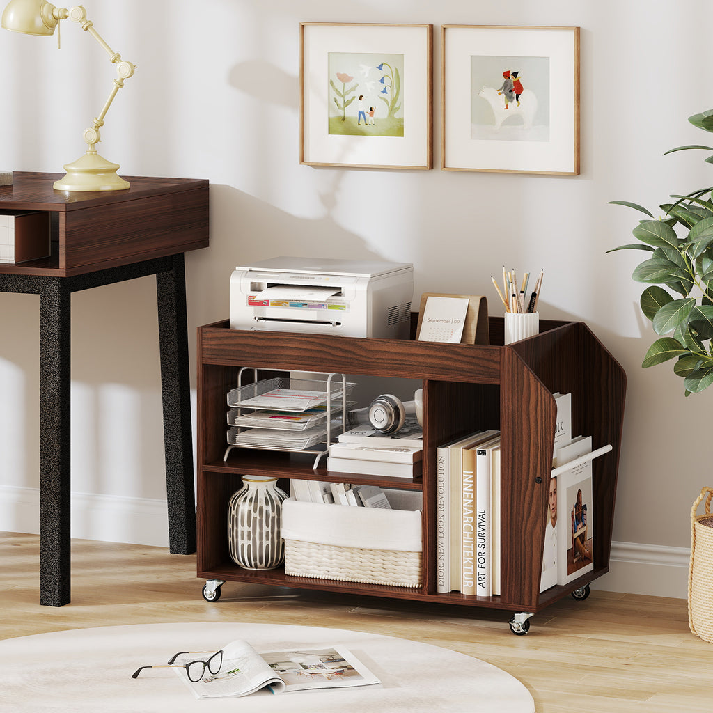 3-Tier Side End Table with Wheels, Walnut