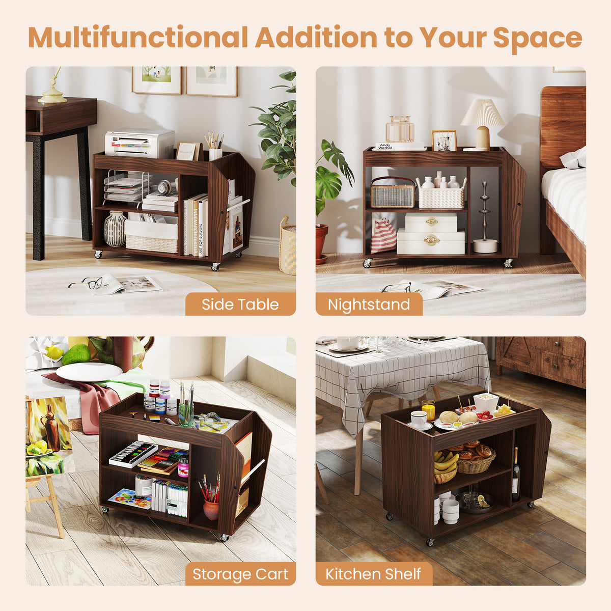 3-Tier Side End Table with Wheels, Walnut