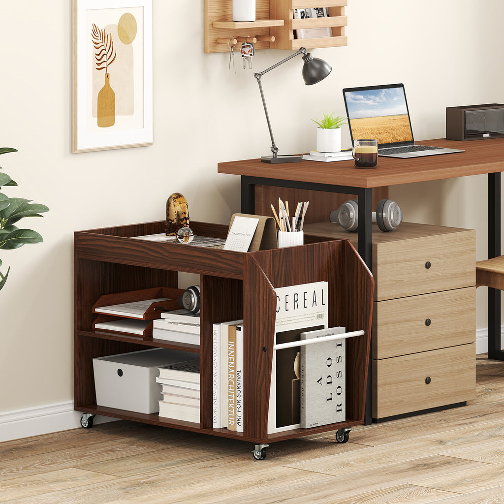 3-Tier Side End Table with Wheels, Walnut