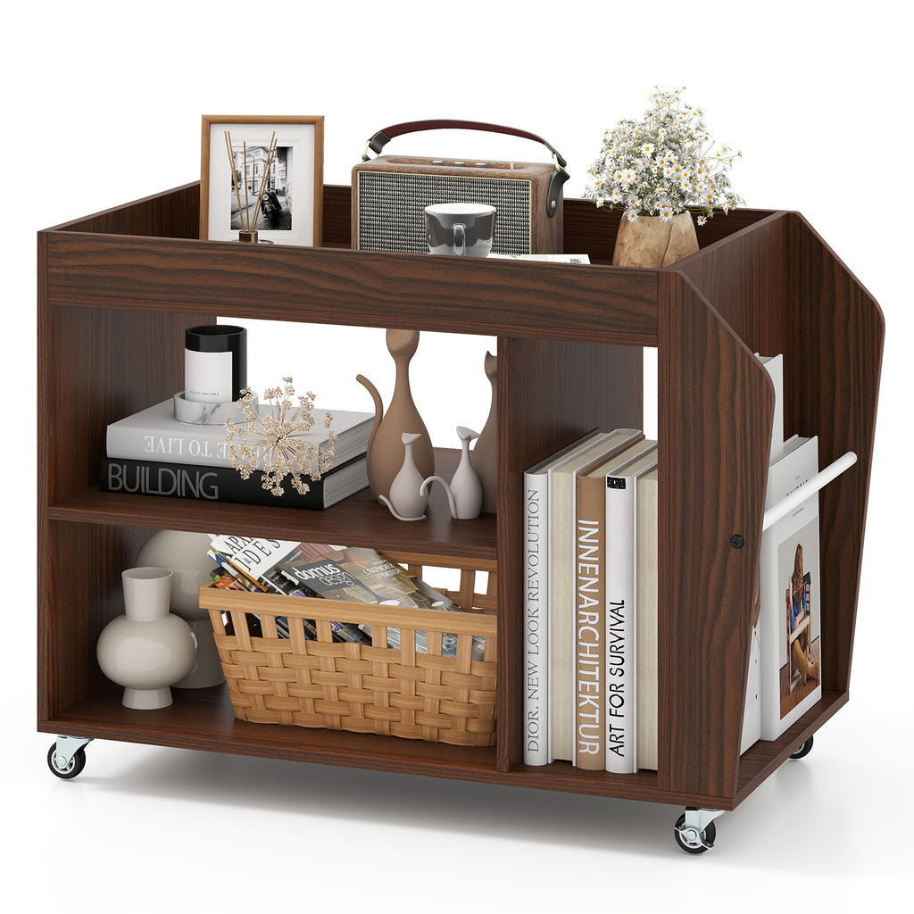 3-Tier Side End Table with Wheels, Walnut