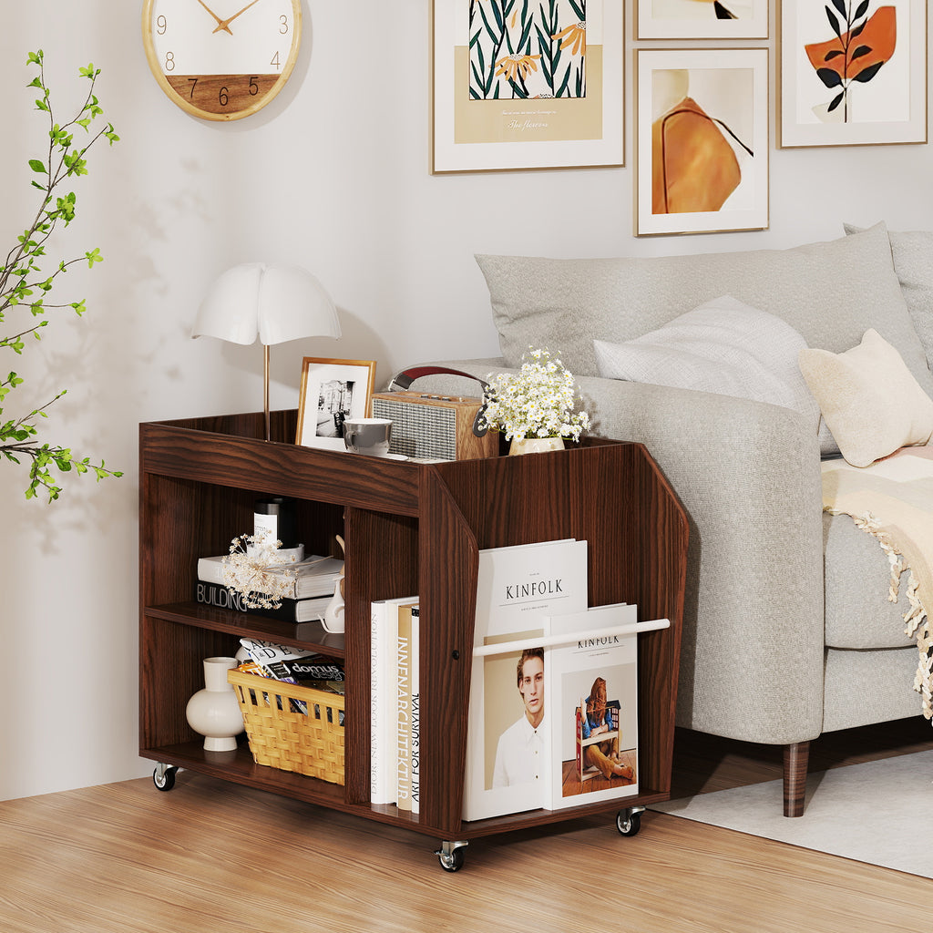 3-Tier Side End Table with Wheels, Walnut